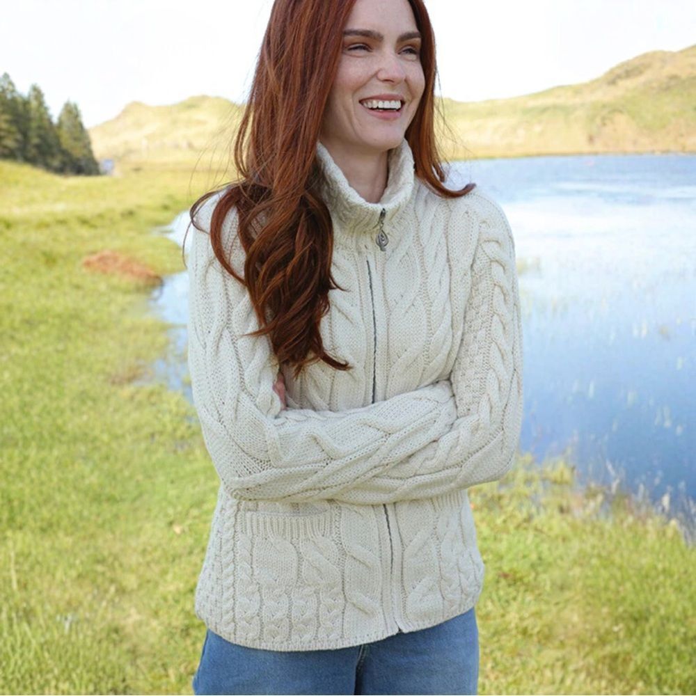 Aran Irish Wool Super Soft Zippered Cream Cardigan Sweater